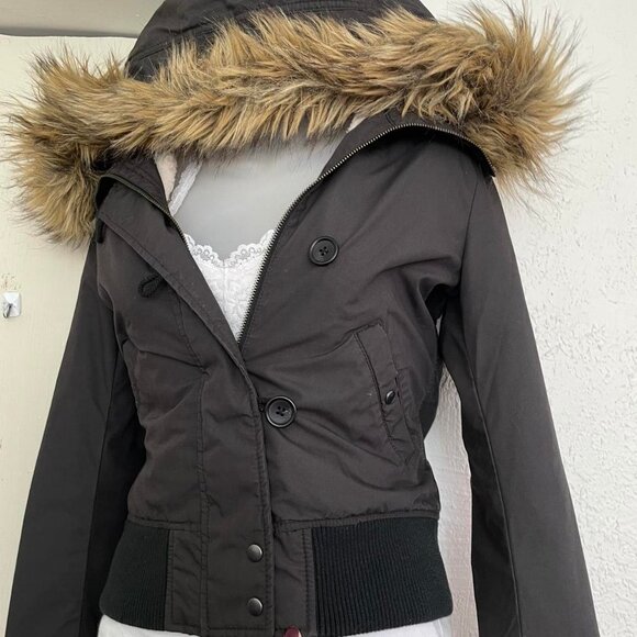 Womens Black Jacket Brown Faux Fur Hood S - Picture 2 of 4